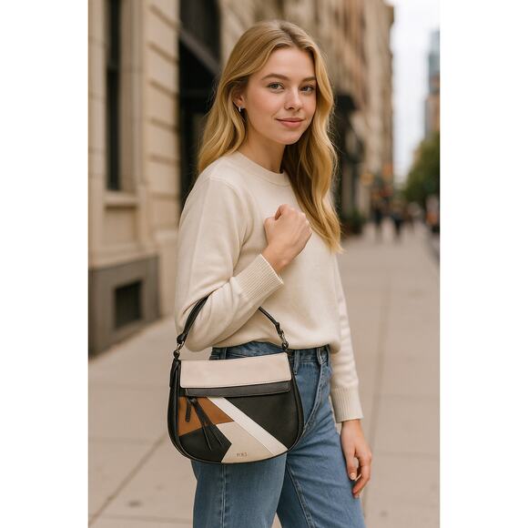 Fossil Molly pebbled leather shoulder bag in black gray and camel - Picture 1 of 7